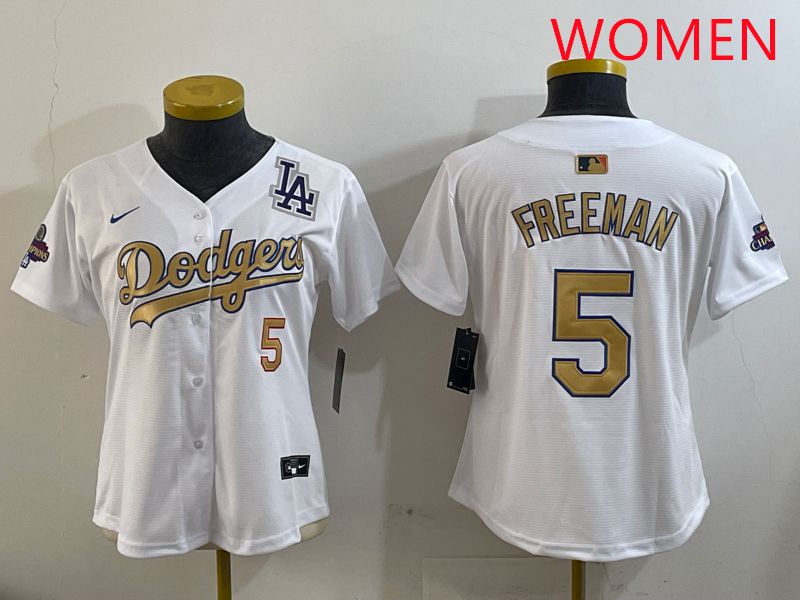 Women Los Angeles Dodgers 5 Freeman White Champion gold character 2025 Nike MLB Jersey style 1